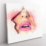 Pink Lips Breaking Through in Abstract Modern Canvas Wall Art Print Ready to Hang, Framed Picture for Living Room Bedroom Home Office Décor, 35x35 cm (14x14 Inch)