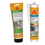 SIKA - Enduit de Rebouchage Universel tout en 1 en tube Blanc - Pâte à reboucher lissage et finition - 425g + Mastic silicone sanitaire pour joint anti-moisissures - Blanc - 300ml