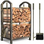 Amagabeli Porte bûches-Range bûches de cheminée avec 4 outils 74x40x30cm Ensemble d‘outils de Cheminée Grande Capacité Range-bûches Support de bois de Chauffage pour Intérieur Extérieur Bronze