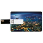 16G USB Flash Drives Credit Card Shape World Memory Stick Bank Card Style Continent of Central Europe Night Time View from Outer Space Vivid Planet Decorative,Blue Yellow Emerald Waterproof Pen Thumb