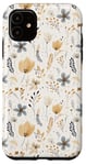 Coque pour iPhone 11 Feuillage beige et gris subtil avec des fleurs délicates