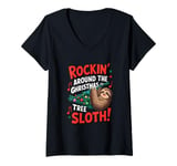 Womens Rockin' Around the Christmas Tree Sloth Funny Festive V-Neck T-Shirt