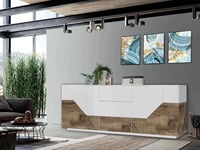 Dmora - Buffet Sebastian, Buffet de Cuisine avec 4 Portes et 3 tiroirs, Buffet de Salon, 100% Made in Italy, 220x43h86 cm, Blanc Brillant et érable