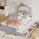 Lit gigogne 90x200cm+90x190cm, lit d'enfant avec 3 tiroirs, sommier à lattes et tête de lit forme licorne, matière PU, violet