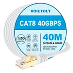 CAT8 Câble Ethernet 40M, 40Gbps/2000Mhz Haut Débit Gigabit RJ45 LAN Câble Réseau Internet, Cat-8 Plat Câble PatchBlindé Robuste pour PS4/5 Ordinateur Modem PC TV. (Blanc)