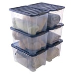 SUNDIS Wave Box, lot de 6 boîtes de rangement avec couvercle clipsable 45l, en plastique transparent, superposables et empilables, idéales pour ranger la chambre, le bureau, le grenier, le garage