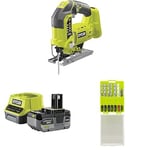 Ryobi - Scie sauteuse pendulaire 18V - 1 100-3 000 cp/min - 101 mm dans le bois - course de lame 25 mm - Livrée avec 11 lames, 1 batterie 4Ah et 1 chargeur rapide