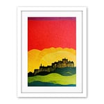 Wee Blue Coo Modern Edinburgh Castle Vibrant Rainbow Colour Sunset Scottish Cityscape Coral Yellow Green Blue Artwork Framed Wall Art Print 18X24 Inch