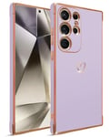 HZLFCZL Coque Samsung Galaxy S24 Ultra Mignon Plaqué Or Edge Antichoc Protection complète de l'objectif de l'appareil Photo Luxe en Forme de cœur Slim Soft TPU Phone Case for Samsung S24 Ultra-Violet