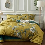 mixinni Floral Duvet Cover Set Full Soft Cotton White Flowers Birds Bedding with Zipper Closure 2 Pillowcases Leaf Printed Yellow Comter Set-Easy Care, and Durable-Full Size, Gold (MI05288-Full)