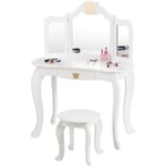 Goplus - Coiffeuse Enfant 3-7 Ans 2 en 1-Table de Maquillage avec Tabouret/3 Miroirs Amovibles/1 Tiroir,Pieds en Bois de Pin,Blanc