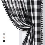 White Black Buffalo Check Pom-Pom Curtains for Bedroom Living Room 72-Inch Farmhouse Classic Plaid Pattern Linen Texture Semi Sheer Curtains Pencil Pleat No See Through Window Draperies 40"w 2 Panels