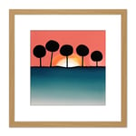 Bubble Tree Dark Outlines Boho Sunset Horizon Landscape Coral Teal Watercolour Illustration Square Wooden Framed Wall Art Print Picture 8X8 Inch