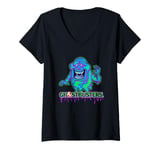 Womens Ghostbusters Ghost Slimer Colorful Neon Big Chest Logo V-Neck T-Shirt