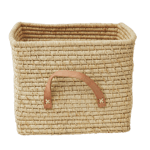 Rice - Small Square Raffia Basket with Leather Handles - Natural