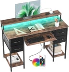 Bureau Informatique Multiprise Intégrée LED - 100x50cm Table Gaming avec Plateau pour Clavier, 4 Tiroirs Réversibles, Rangement Étagère pour Etudier Jouer Travailler Chambre Domicile Salon