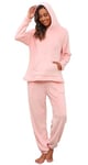 Vlazom Womens Pyjamas Set, Soft 2 Peices Warm Fleece Hooded Pyjamas for Ladies PJs Sets Sleepwear with Pockets Drawstring A-Pink,L