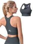 CLDFHX Sports Bras for Women Seamless Padded Racerback Sports Bra Top Wireless Workout Bra for Gym Yoga Pilates Running Fitness, Grey, L