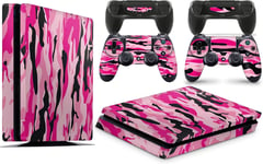 Autocollant Pour Console Ps4 Slim Camouflage Rose + 2 Skins Pour Manette