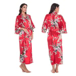 Kvinnors lyxiga mjuka siden satin kimono morgonrock lång badrock nattkläder nattlinne Red XL