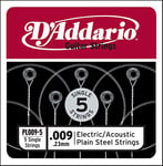 D'Addario PL009-5 Pack de 5 Cordes seules en acier pur pour guitare Calibre .009