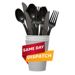 150 x Black Plastic Cutlery Set 50 Forks Spoons and Knives Reusable Catering