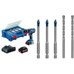 Bosch Professional System Perceuse-visseuse à percussion sans-fil GSB 18V-28 (2 batterie, avec 100 accessoires) + 5x Coffret de forets Expert HEX-9 HardCeramic (pour Tuiles, Carrelage, Ø 6 mm)