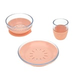 LÄSSIG Set de vaisselle pour enfant en verre (gobelet, bol et assiette) robuste, avec base en silicone, passe au lave-vaisselle et au micro-ondes, set de plats, en verre et silicone orange