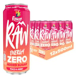 Rubicon RAW 12 Pack Peach & Berry 500ml Energy Drink Zero Added Sugar + 10% Fruit Juice, High Caffeine with B-Vitamins, Ginseng & Guarana, Reduce Tiredness & Boost Energy