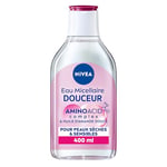 NIVEA Eau Micellaire DOUCEUR Peaux Sèches et Sensibles (1 x 400 ml), démaquillant enrichi aux micelles et acides animés sans parfum, nettoyant visage yeux & lèvres