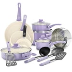 GreenLife Soft Grip Healthy Ceramic Nonstick 16 Piece Kitchen Cookware Pots and Pans Set, Includes Frying Pan Skillets Sauce and Casserole, PFAS-Free, Oven Safe, Lavender