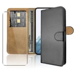 Leather Wallet Flip Case for Samsung Galaxy S23 and Glass Screen Protector Black