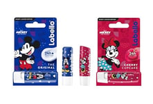 LABELLO lot 2 baumes à lèvres édition limitée Disney "Mickey & Friends" (2 x 5,5 ml), Original Mickey Mouse et Cherry Shine Minnie Mouse, Sticks à lèvres hydratants longue durée pour enfants