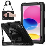 Gerutek Coque Antichoc pour iPad 10ème Génération 10.9 Pouces 2022, Étui Armure Robuste avec Support rotatif à 360°, Dragonne et Bandoulière Réglable, Porte-Stylet, Housse pour iPad 10 2022 10.9, Noir