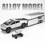 1/32 Tesla Cybertruck med husbil för husvagn, leksaksbil i metall, miniatyrmodell, dragback, ljud och ljus, samlarobjekt, present, pojke, silver