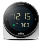 Braun Digital Alarm Clock with Snooze, Negative LCD Display, Rotating bezel for quick time setting, Crescendo Beep Alarm in White, model BC24W.