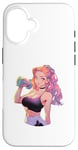 Coque pour iPhone 16 Rose Hair Anime & Manga Style Gym Girl tenant un haltère