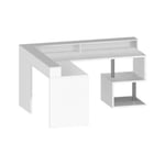 Bureau Albert, Bureau d'angle avec étagères de rangement avec lampes LED, Bureau polyvalent avec plateau, 180x60h93 cm, Blanc