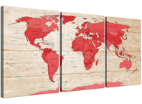 Large Red Cream Map of World Atlas Canvas Wall Art Prints - Multi 3 Panel - 3311