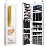 FANTASK Armoire à bijoux suspendue avec éclairage LED, miroir et 6 tiroirs, armoire suspendue pour porte et mur, armoire à bijoux et rangement cosmétique, blanche