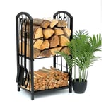 Tagère à bois de cheminée Intérieur Métal Noir 72 cm Support de bois de cheminée avec kit de cheminée 96431 Chariot à bois de cheminée Support de