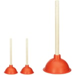 Déboucheur à ventouse, lot de 3, cloche aspirante caoutchouc, tige bois amovible, toilette, douche, 30 cm, rouge/nature