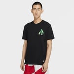 The Nike Dri-FIT Giannis Logo Naija T-Shirt reps freaky phenomenon Antetokounmpo. It uses his signature"GA"logo on the left of chest. Men's Basketball - Black