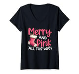 Womens Merry and Pink all the way Christmas in Pink Festive Holiday V-Neck T-Shirt