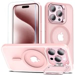 Kuaguozhe Magnétique Coque pour iPhone 15 Pro, Compatible avec MagSafe avec Verre Trempé, Coque avec Caméra Béquille Antichoc Protection Etui Housse Case pour iPhone 15 Pro (Rose)