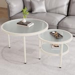 Table basse ronde, ensemble de 2 tables basses, table basse moderne avec plateau en verre et étagère en verre pour salon chambre à coucher, blanc