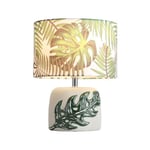 BarcelonaLED Lampe en céramique de table nordique verte avec motif monstera délicieux en Relieve et abat-jour textile pour ampoule LED E27 Bureau salon table de nuit