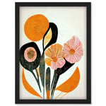 Abstract Painting Linocut Style Flowers In Autumn Pastel Pink Brown And Orange Artwork Framed Wall Art Print A4