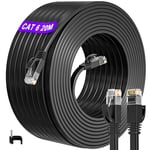 ikbc Cat 6 Ethernet Cable 20m, Flat Internet Cable 20m High Speed Internet Cable Gigabit RJ45 Network Cable Cat 6 20m LAN Cable 1000Mbps 250MHz Patch Cable Black for Router PS4/5 Switch (20 Clips)