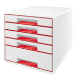 Leitz WOW 5 Drawer Cabinet, A4 Desk Drawer Cabinet with Transparent Organiser Tray, 4 Small 1 Large Drawers, White/Red, 52132026